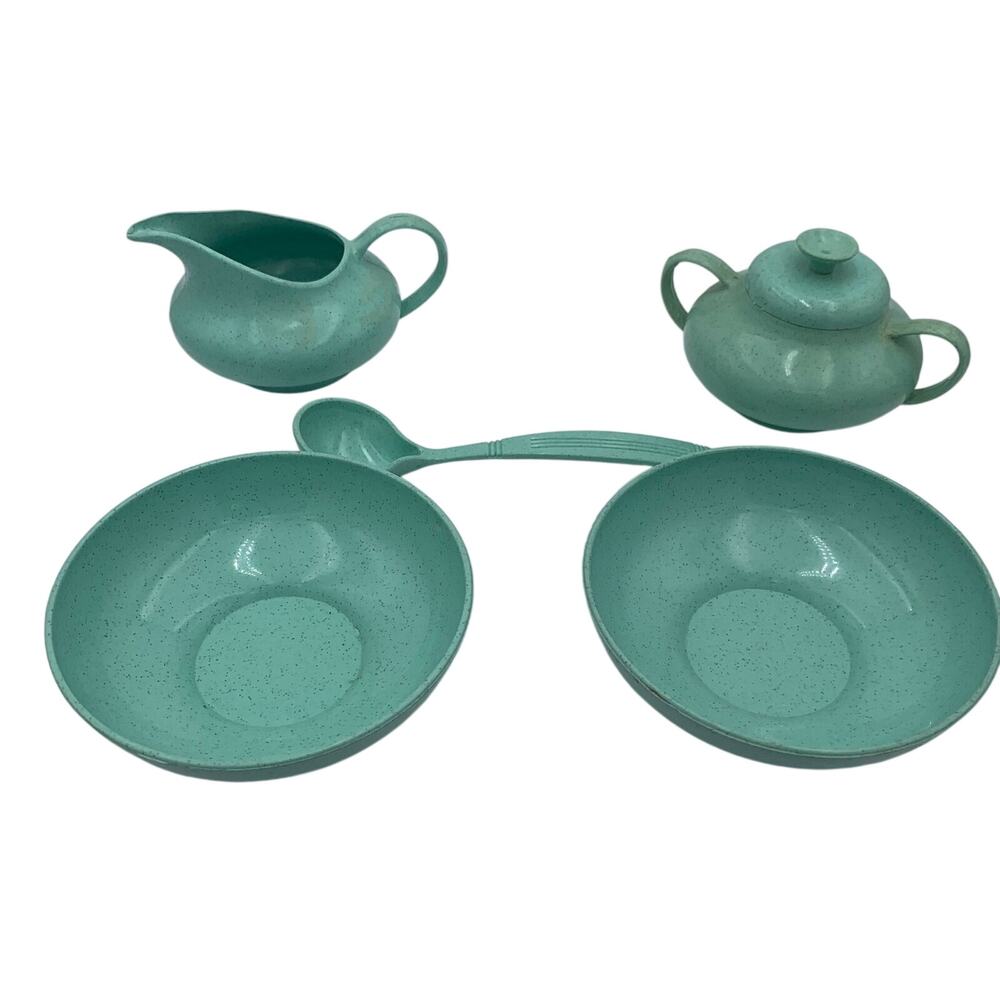 Vintage 1950s Gotham Blue Speckled Children’s Tea Set Bowls Sugar Creamer Spoon
